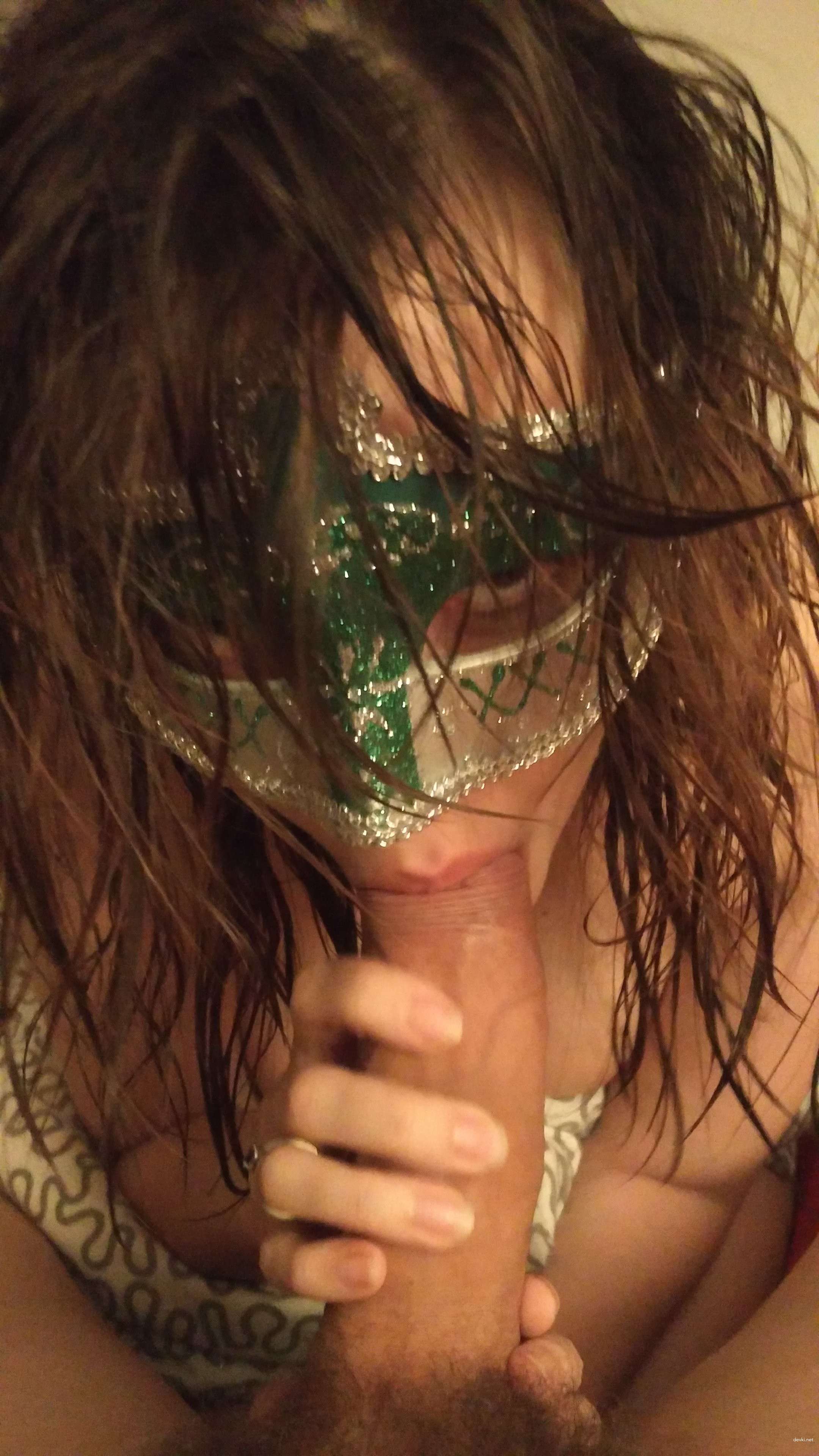 Masked Wife Gives Sloppy Blowjob - Amateur Porn Photo with Explicit Oral Action