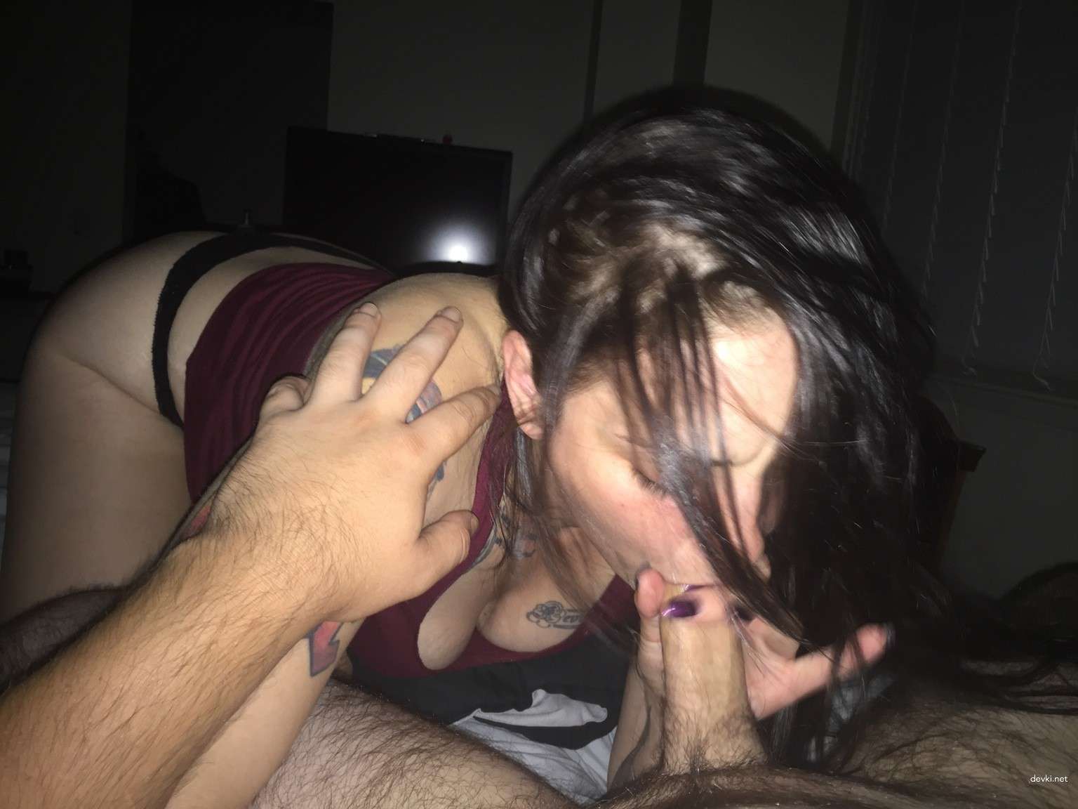 Hot Tattooed Girl Sucks Cock with Amazing Ass - Explicit Amateur Porn Pic