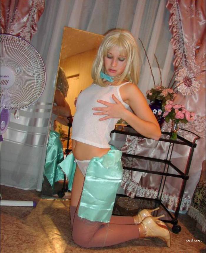 Blonde Teen Strips in Stockings - Explicit Amateur Nude Photoshoot